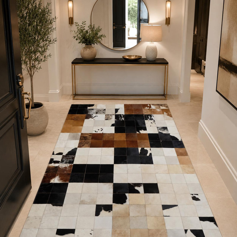 Tapis en cuir de vache patchwork fait à la main, tapis en cuir véritable, tapis moderne de luxe, 8 x 10 pi