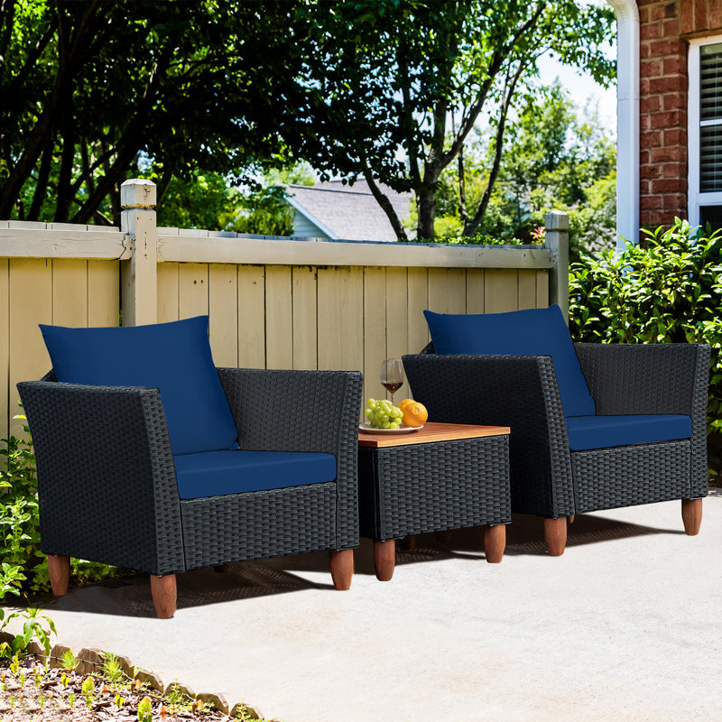 Antun Acacia 2 - Person Patio Conversation Set with Cushions, Black Frame/Blue Cushion