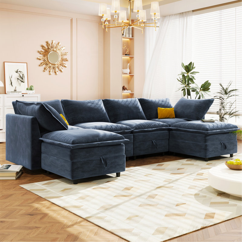 Canapé-lit modulaire polyvalent 6 pièces avec rangement, Polyester bleu foncé