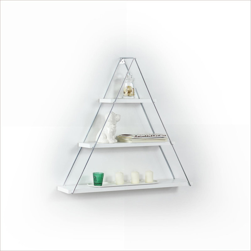 Triangle Bookshelf | Rustic Floating Wall Mounted Hanging Shelf, Metal Bracket for Books | snow white | Chrome Silver, White