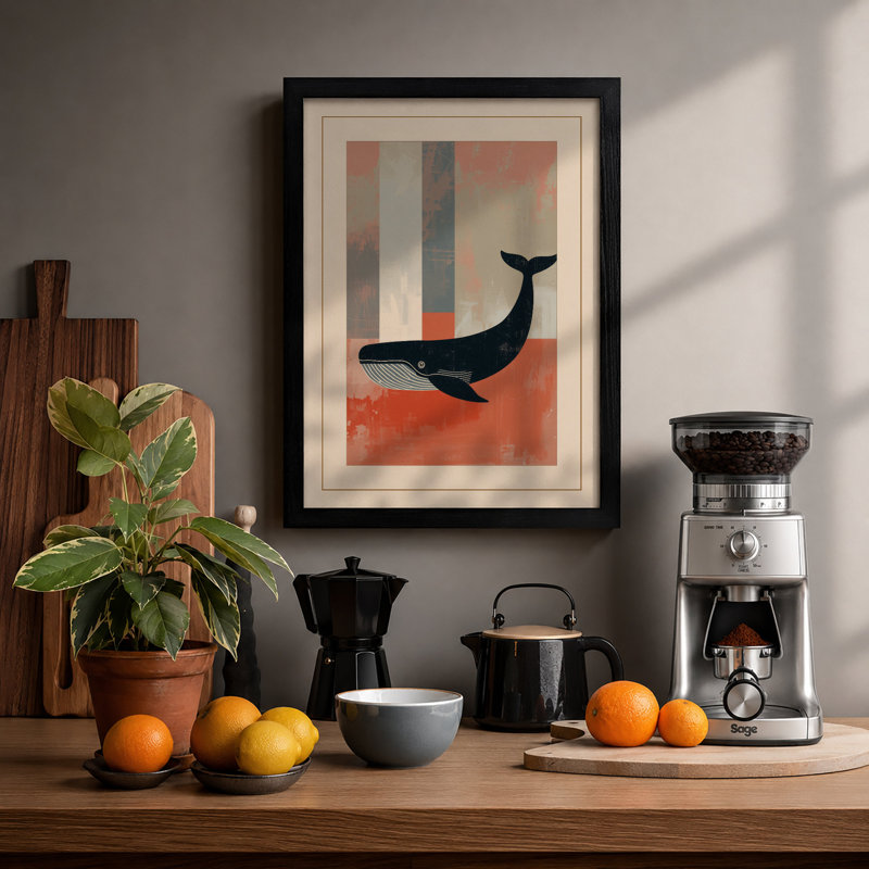 Whale in Geometry Mid-Century - Framed Print, Black, A3 - 42.0 x 29.7 cm