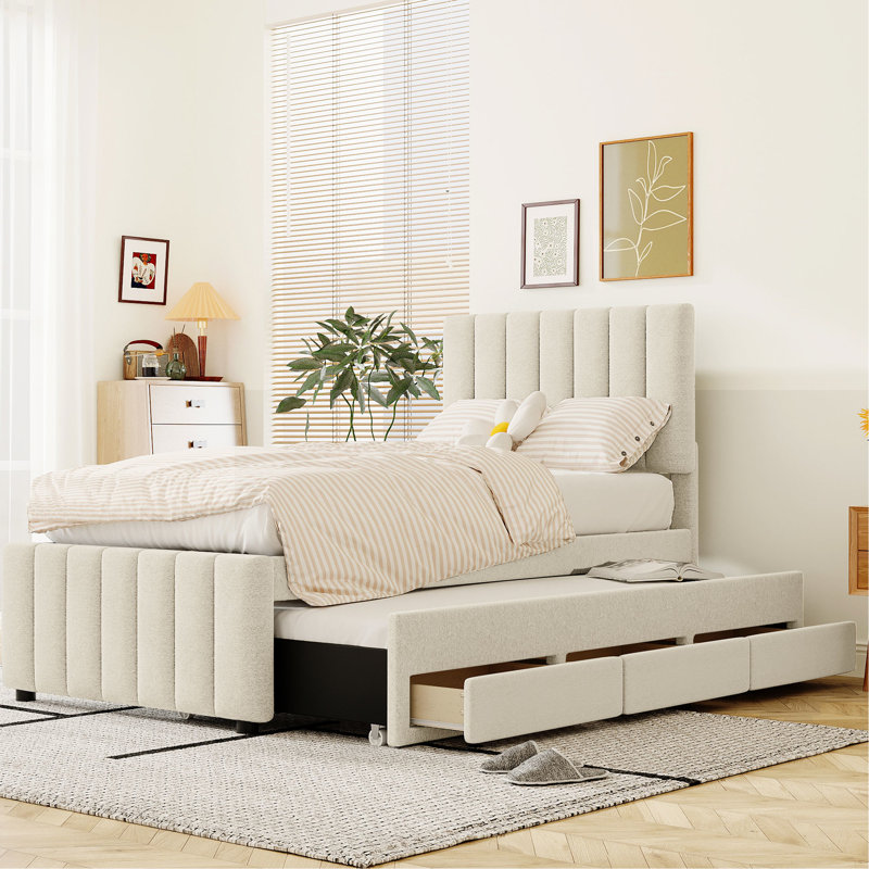 Twin Upholstered Platform Bed With Trundle And Storage, Beige Linen Touch 3 Storage Drawers