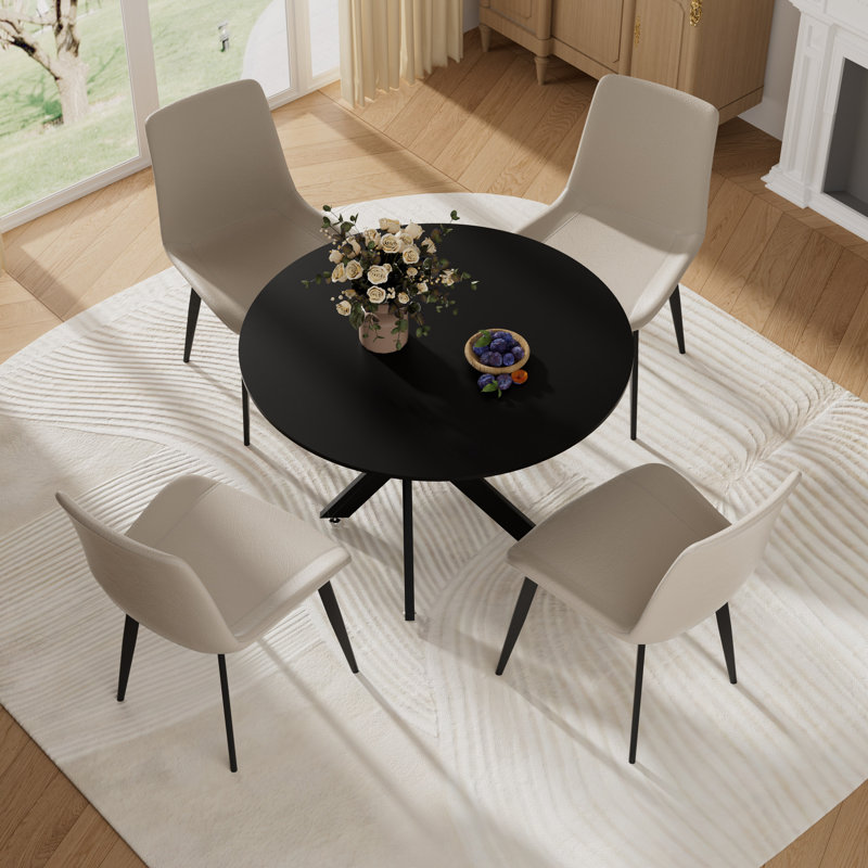 5 Piece Round Pedestal Dining Set, Black, 29.6"H x 36"L x 36"W, White