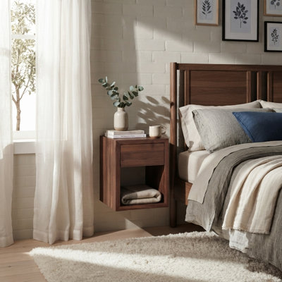 Solid Walnut Hardwood Nightstand With 1 Drawer | Floating Wall Shelf Scandinavian Style