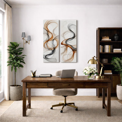 Lignes fluides abstraites orange et grises – Ensemble de 2 impressions d'art murales encadrées sur toile 32 po x 12 po x 2 po