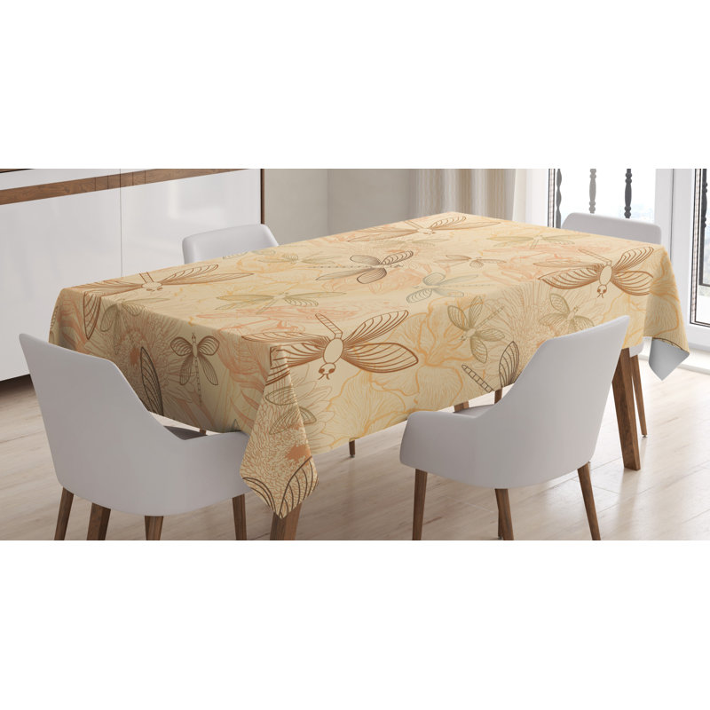 Ambesonne Beige Tablecloth, Vintage Birds And Dragonflies Artprint With Modern Doodle Style Animal Inspired Design, Rectangular Table Cover For Dining Room Kitchen Decor, 52" X 70", Cream