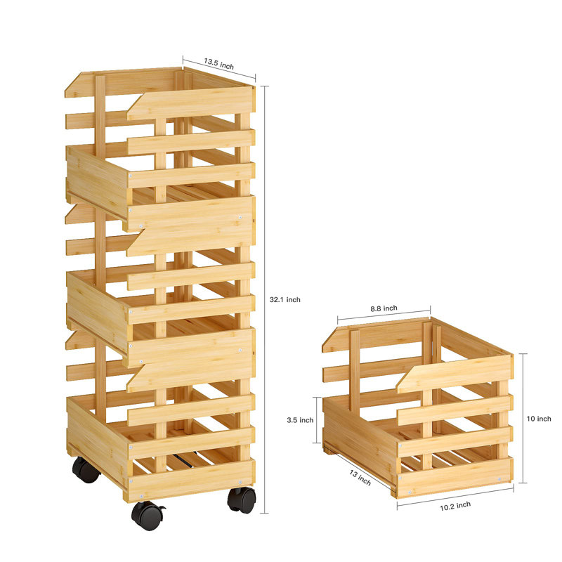 Panier en bambou pour fruits, chariot de rangement pour pommes de terre et oignons, panier de fruits à 3 niveaux avec roulettes, rangement pour légumes pour plancher de cuisine (à assembler)