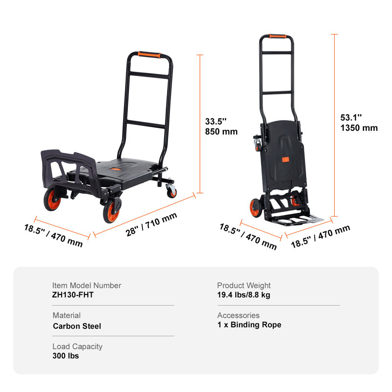 Chariot de manutention en aluminium 2 en 1, capacité de charge de 136 kg, chariot de manutention et diable pliable et convertible robuste pour usage industriel, chariot utilitaire transformable en chariot à plateforme avec roues en caoutchouc