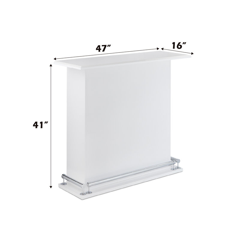 Table de bar blanche laquée brillante avec 6 compartiments de rangement ouverts, plateau fixe en bois, repose-pieds en métal sur le piètement avant, profondeur 41,5 cm, largeur 120 cm, poids 39 kg. Finition de table, cadre et supports inclus.