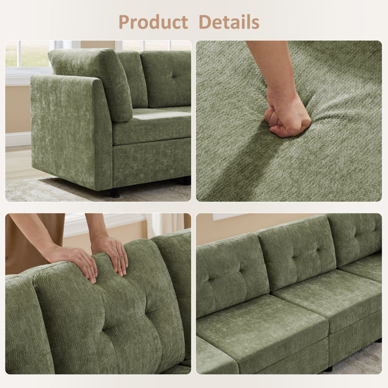 Chenille Upholstered Sectional Sofa Couch With Ottoman, Green Polyester