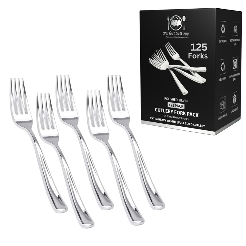 Perfect Settings Tableware 125 Pack Silver Plastic Disposable Fork Set- Polished Chrome Plastic Silverware Heavy Duty Elegant Designed Forks (Set of 125)
