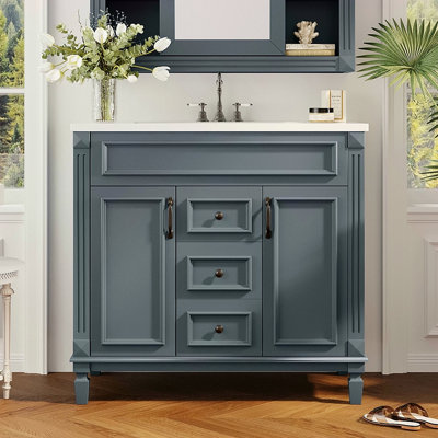 Meuble-lavabo 36 po avec lavabo supérieur, armoire de rangement moderne avec 2 portes à fermeture douce et 2 tiroirs, meuble-lavabo simple