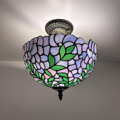 Plafonnier Tiffany avec vitrail mauve et feuilles vertes Ampoules DEL incluses: l 12 po x P 12 po x H 12 po