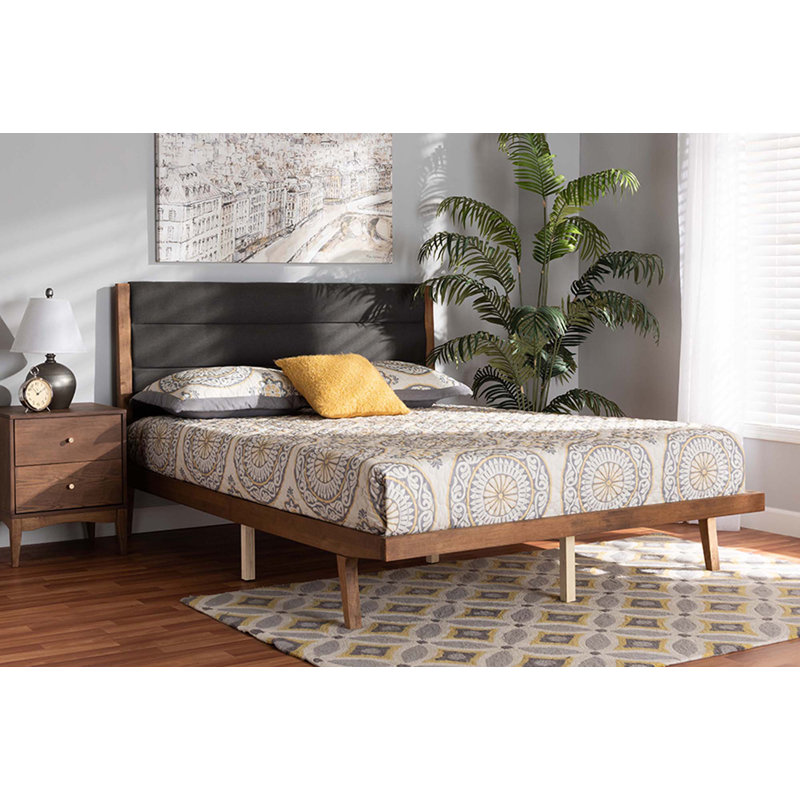 Lit plateforme grand en tissu Bristol gris et tissu d'ameublement au fini brun noyer Bristol (grand), Gris anthracite, Grand