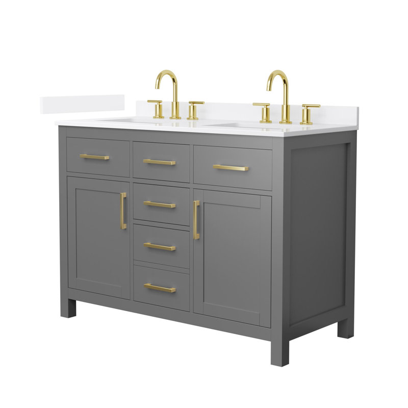 Beckett 48" Freestanding Double Bathroom Vanity with Quartz Top, Dark Gray, Brushed Gold, White Quartz