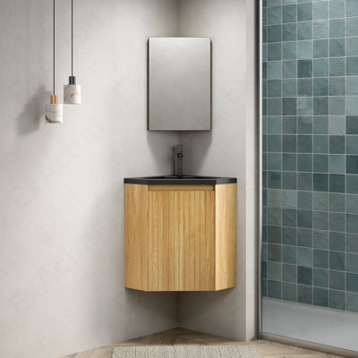 Meuble-lavabo de salle de bain 30 po, meuble de rangement mural flottant triangulaire rayé avec une porte, lavabo intégré en résine noire, convenant au coin, préassemblé, couleur grain de bois naturel