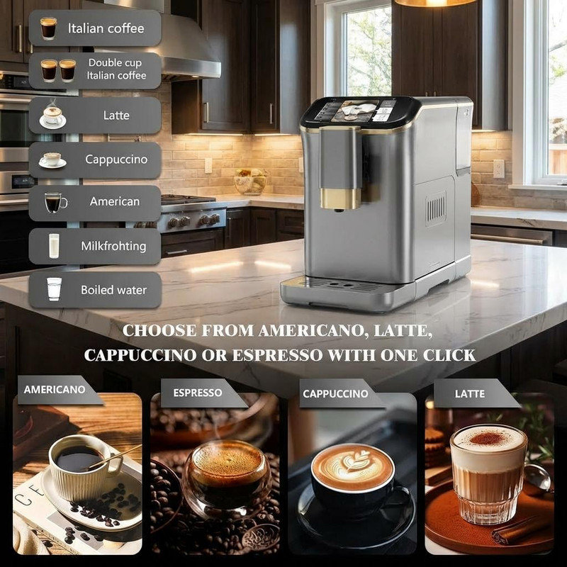 Espresso Machine, Built-in Grinder Coffee Maker with TFT Color Screen, Automatic Milk Frother Coffee Machine, 20 Bar Pump + 15 Grind Settings, 1.5L Water Tank + Auto Rinse, 120V 1350W