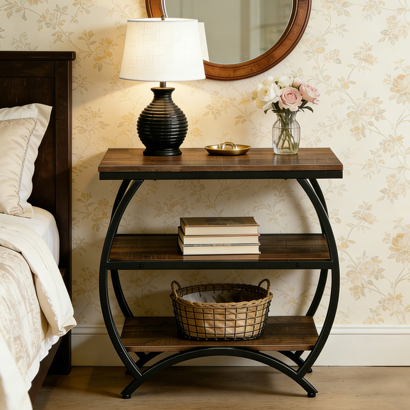 End Table 3-Tier Side Table with Storage Shelves, Industrial Metal Frame Nightstand for Small Spaces