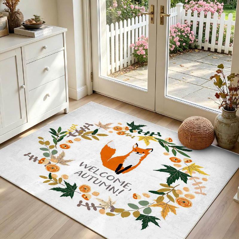 Tapis orange lavable à la guirlande avec feuilles d'automne et feuilles d'érable grises, Rectangle 39" x 63"