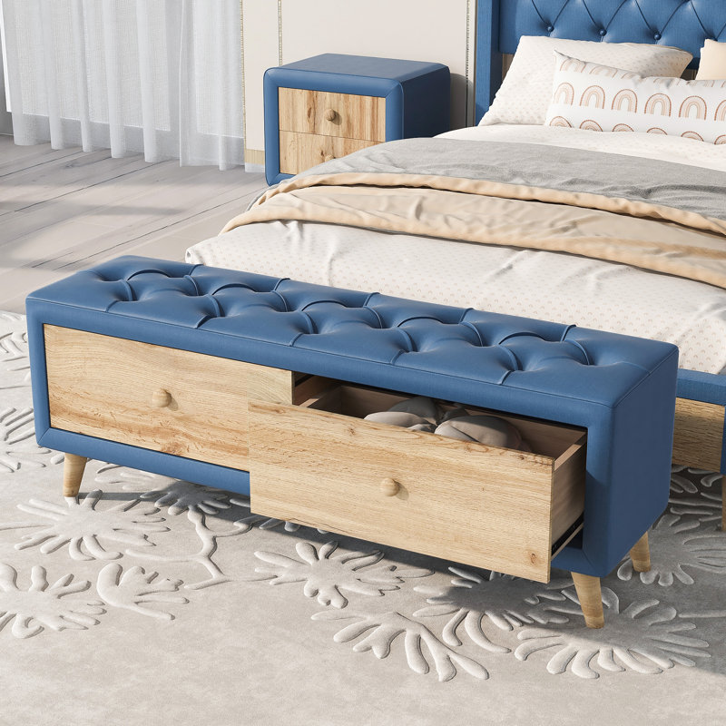 Banc de rangement rembourré avec tiroir Kacee, Bleu