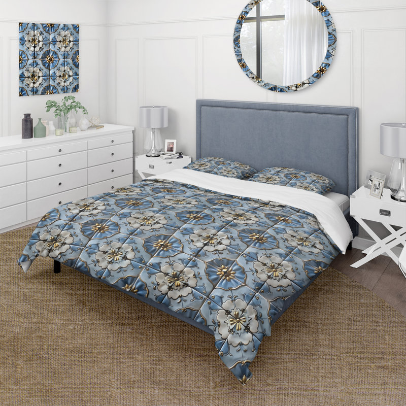 Ensemble de housse de couette à motif floral bleu et doré Vintage, Housse de couette simple + 2 taies décoratives st