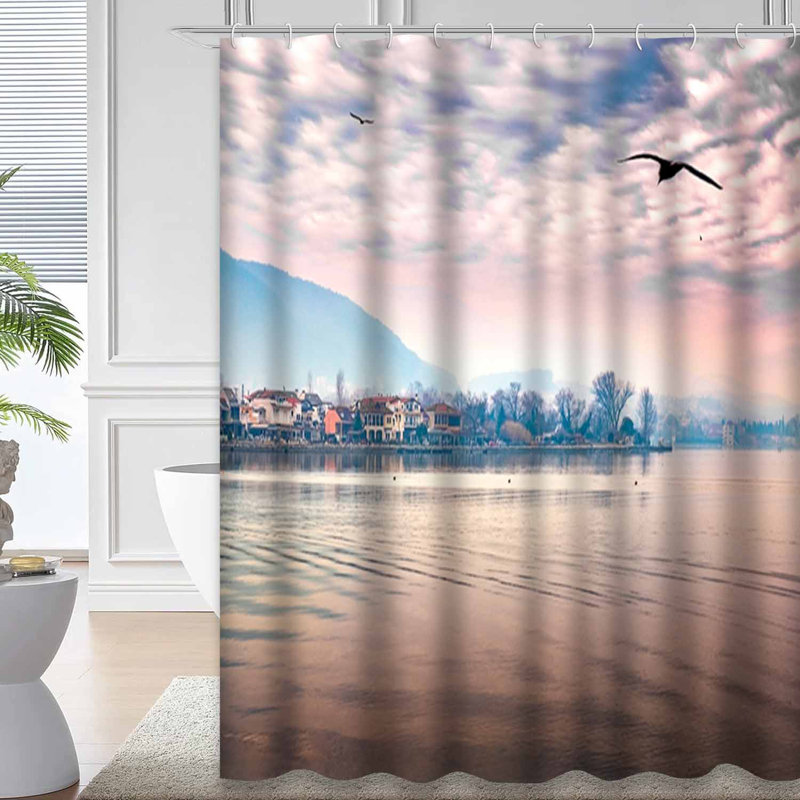 City Sunset Red Orange Sky Lake Shower Curtain with 12 Hooks, 72" L x 72" W