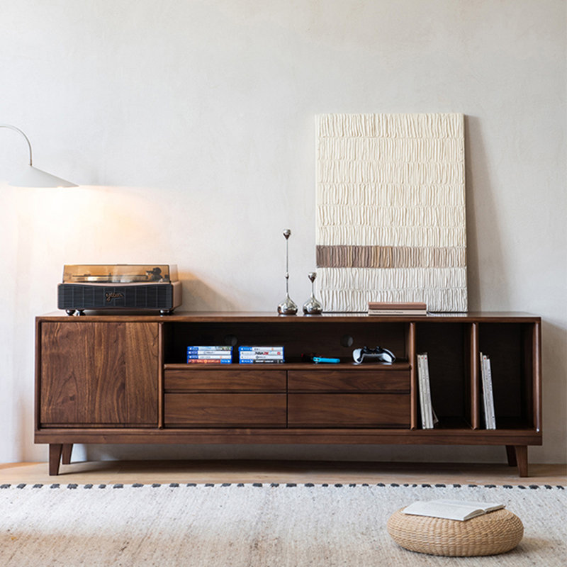 Walnut video game TV stand, 23" H x 86.6" W x 17.7" D