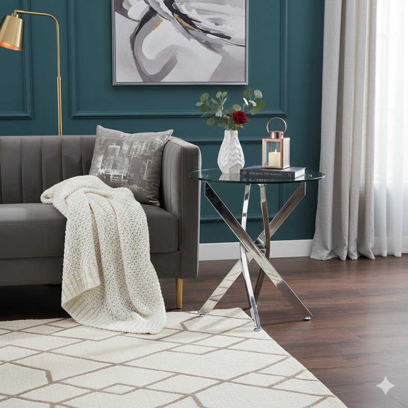 Modern Circular End Table With A Tempered Glass Top And Chrome Legs.