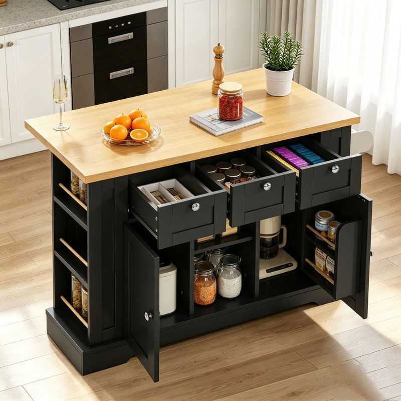 132 cm W Kitchen Island with, Black