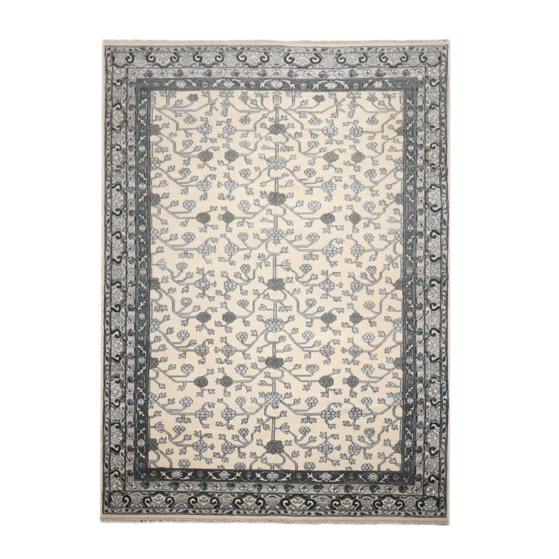 Tapis oriental traditionnel en laine noué à la main Oushak 12 x 15 po ivoire / gris / gris anthracite