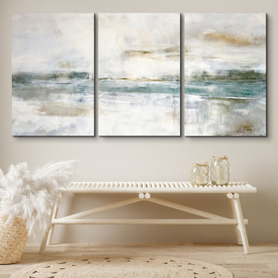 Pastel Green Grey Industrial Minimalist Chic Abstract Landscape Frame Canvas 3 Piece Print Wall Art