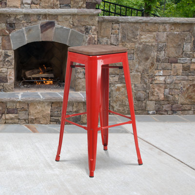 Margherite 30" High Backless Metal Barstool with Square Wood Seat