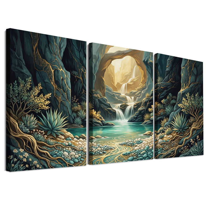 Ensemble de 3 toiles murales représentant une cascade turquoise sous une arche dorée ornée de plantes succulentes