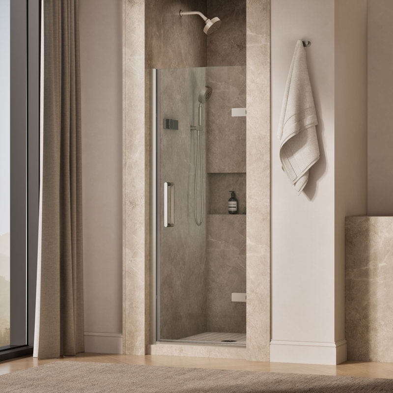 Composed 27-5/8-In28-3/8-In W X 71-1/2-In H Frameless Pivot Shower Door With 3/8-In Crystal Clear Glass And Back-To-Back Vertical Door Pulls