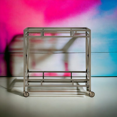 Serving Cart, Metal Frame Kitchen Cart With Bottom Shelf And Caster Wheels