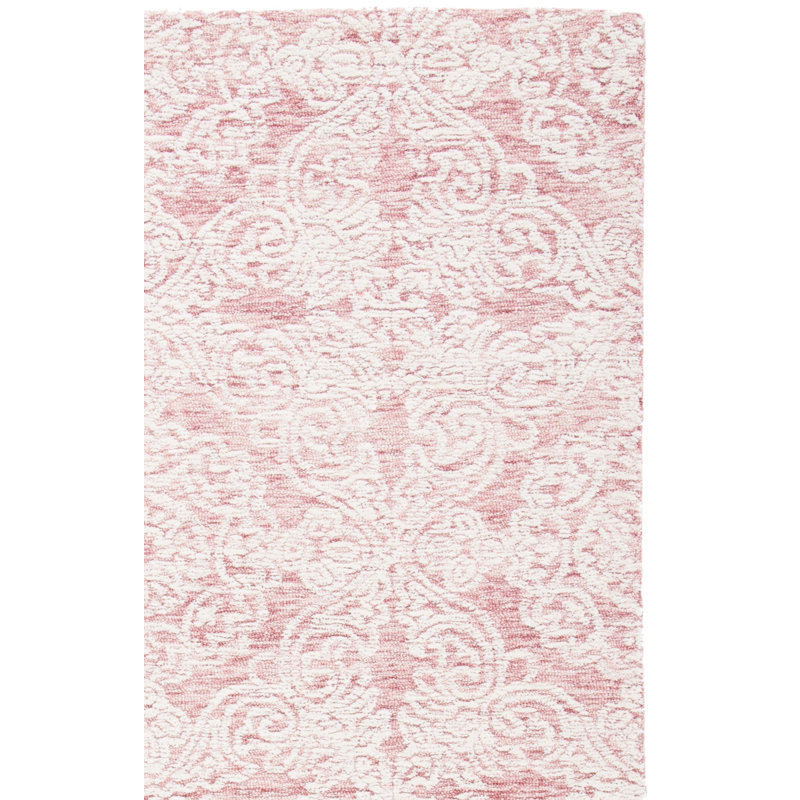 Noor Damask Handmade Tufted Wool Dark Pink/Ivory Area Rug, Rectangle 2' x 3'