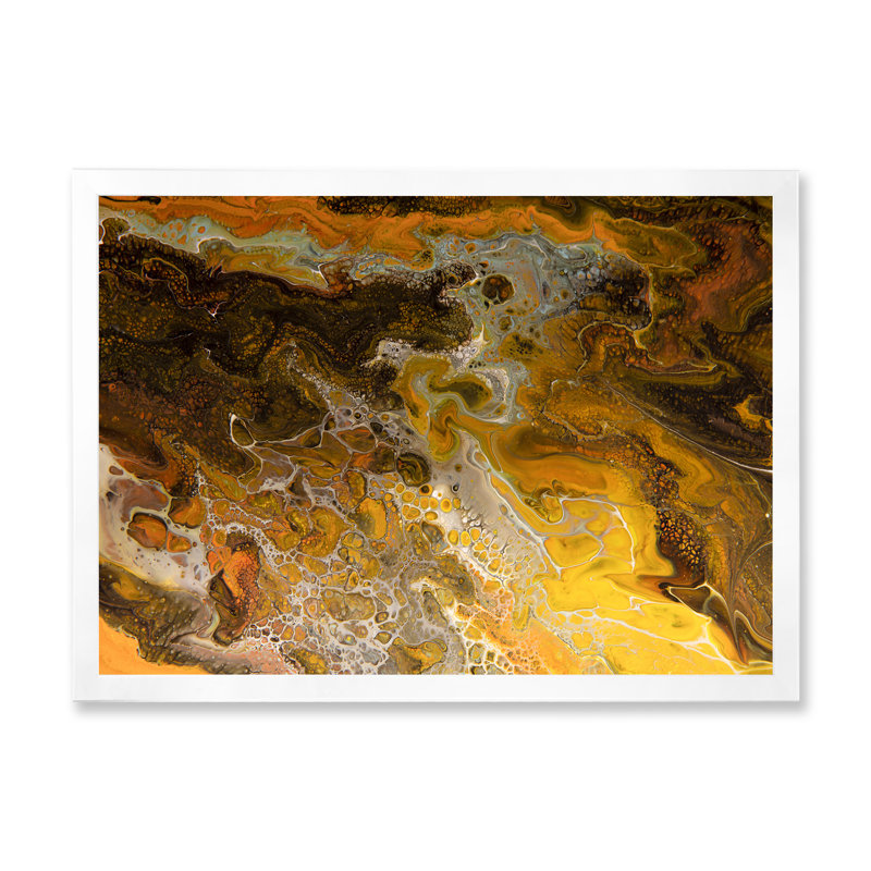Marbre jaune, noir et orange abstrait - reproduction d'art sur toile moderne, H 24 po x l 32 po, Cadre d'angle fermé blanc