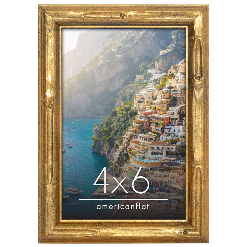 Picture Frame - Gold Bamboo Frame With Faux Bamboo Design - Easel Stand And Shatter Resistant Glass, 4" W x 6" H