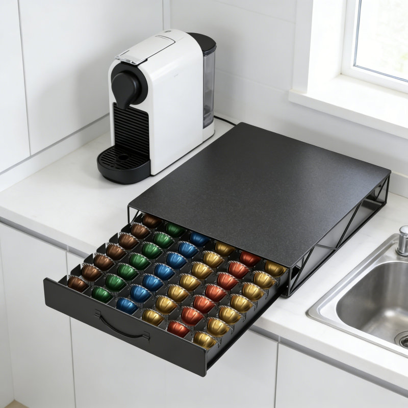 Organisateur de tiroir à café doseur pour capsules Nespresso Vertuoline et K-Cup, support de comptoir en métal avec tiroir coulissant pour la maison et le bureau