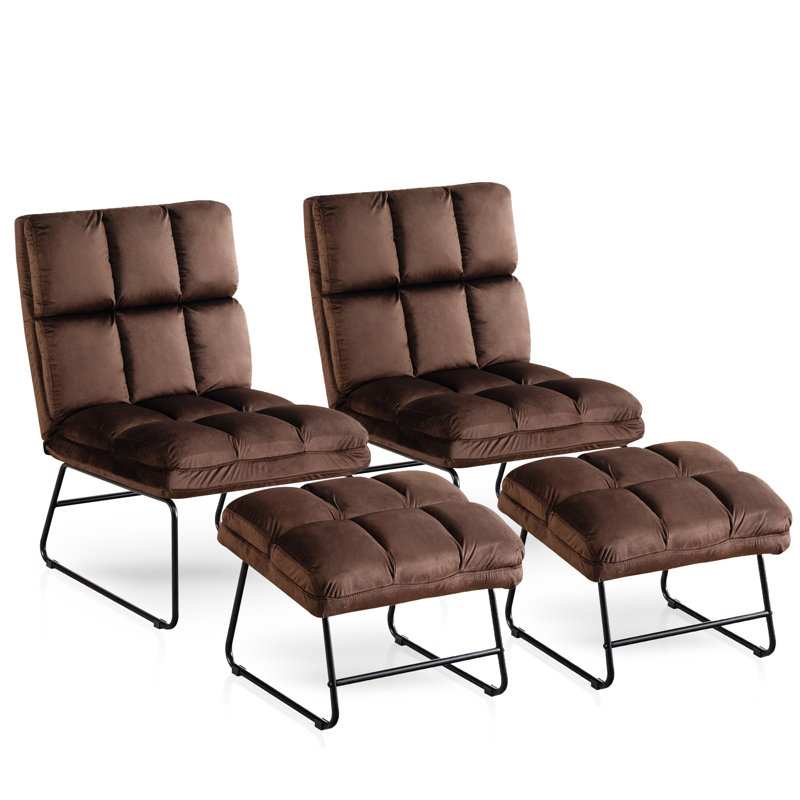 Varrian 2 Set Accent Chair with Ottoman, Velvet Modern Metal Legs, Club Chair Lounge Sofa Couch, Brown Velvet