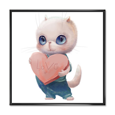 Mignon chat blanc avec cœur - reproduction d'art sur toile pour enfants