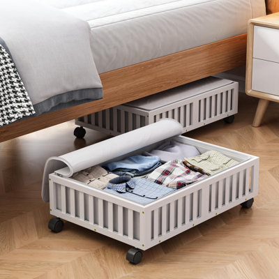 Contenants de rangement en bambou sous le lit avec roulettes, paquet de 2 bacs de rangement pour chaussures sous le lit, tiroirs à roulettes sous le lit en bois avec organiseur de sac, blanc