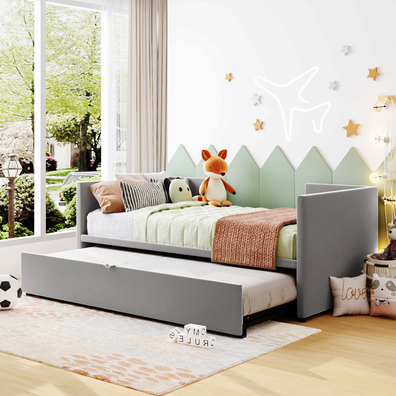 Lit de jour simple tapissier avec couchette escamotable, beige, Gris