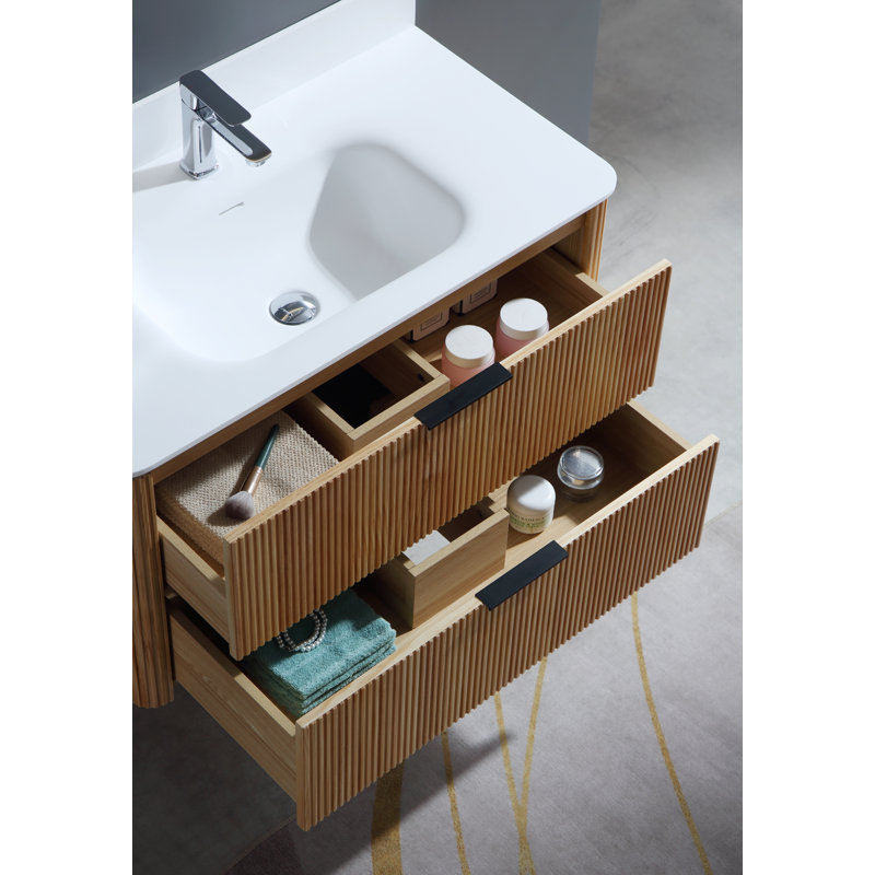 Meuble-lavabo simple moderne de 91 cm (36 po) à texture cannelée, fini bois naturel, avec lavabo intégré en surface solide blanc mat