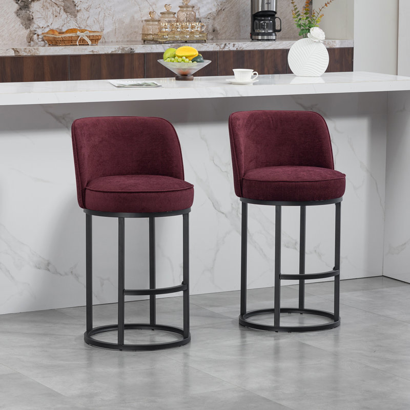 Tabouret de bar 2 pièces à hauteur de comptoir moderne 2 pièces: lin revêtu avec dossier pour îlot de cuisine, Rouge vin