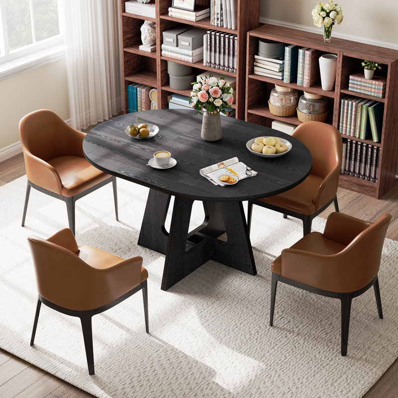 Table de salle à manger extensible ronde ovale pour 4-6 personnes avec tablette de rangement, Noir