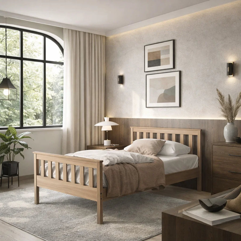 32″ Modern Shaker Solid Pine Platform Bed with Slat Support – Twin, No Box Spring Required for Toddlers and Teens, Beige