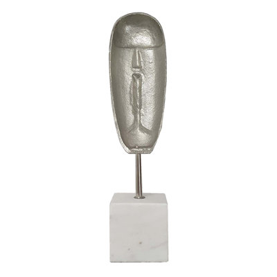 Decorative Face Sculpture, 13 Inch Silver, Contemporary White Marble