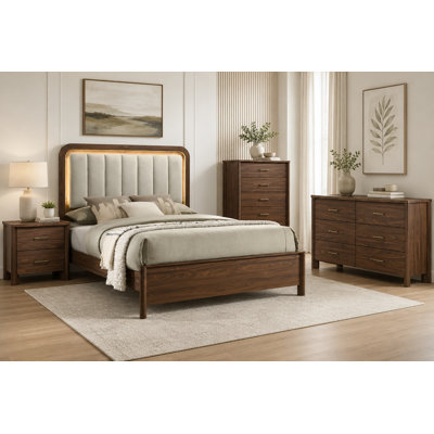 Ensemble de chambre à coucher pour très grand / très grand lit 4 pièces avec lit à DEL (fondation requise), commode, commode et table de chevet USB