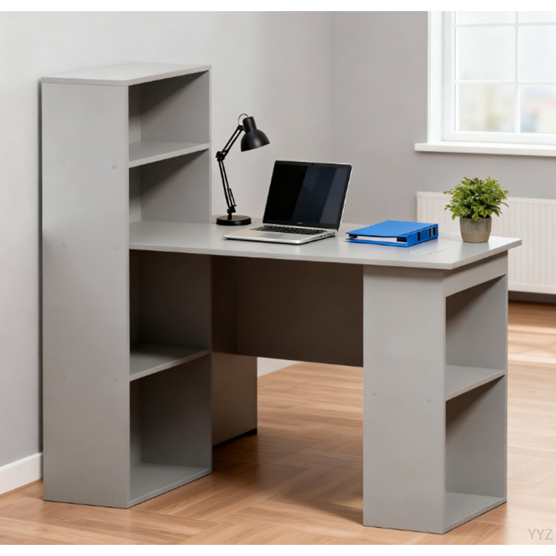 Bureau d'ordinateur compact, poste de travail de table d'écriture avec bibliothèque pour bureau à domicile, gris